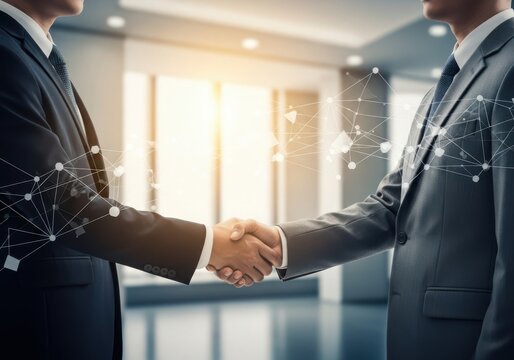 Professional business people shaking hands with digital overlay.