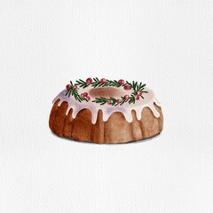 Illustration of a circular Christmas cake decorated with fresh red berries. 