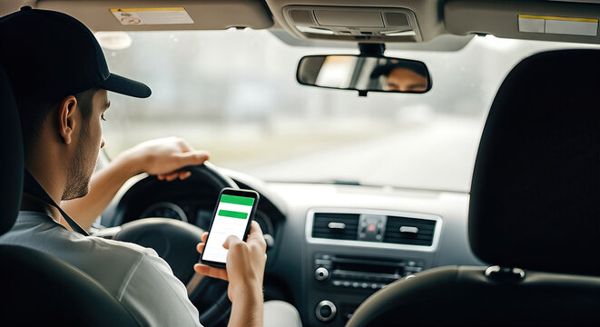 Taxi driver focused on smartphone while driving, showcasing modern transportation technology and the connection between driver and passenger experience in urban settings