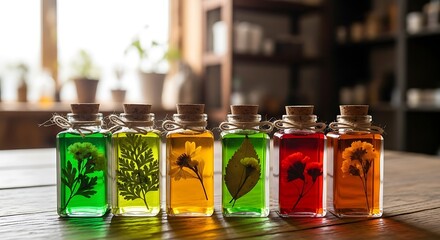 Collection of colorful herbal infused oils in glass bottles on a wooden table