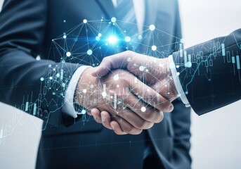 Global business partners handshake with technology network data