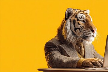 A tiger working at a laptop, a desk. Against a simple, bright background. A real photo. Wearing a business suit.