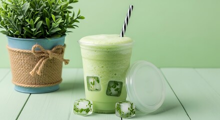 Refreshing green smoothie with ice cubes and plant in a pot