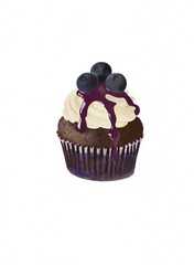 Watercolor-style illustration of a blueberry cupcake with creamy frosting and fresh berries, set against a textured watercolor paper background.