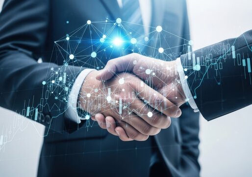 Global business partners handshake with technology network data