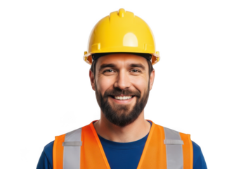 Smiling bearded construction worker wearing yellow hard hat and orange safety vest isolated on transparent background
