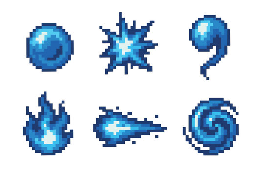 Set of blue pixel art icons representing magical energy, water spells, and fantasy effects like fireballs and explosions, designed as assets for a retro 8-bit video game