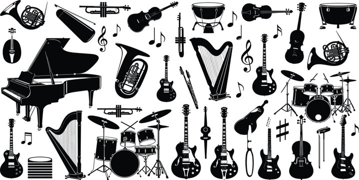 Musical Instruments Silhouette Vector Set Featuring Piano Guitars Drums and Orchestral Objects Isolated on White
