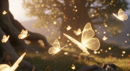 Golden Butterflies Fluttering in Enchanted Forest Sunlight