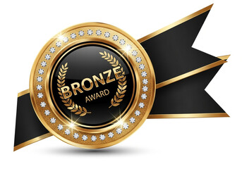 A luxurious golden bronze award medal with a black ribbon and sparkling diamonds, isolated on white background