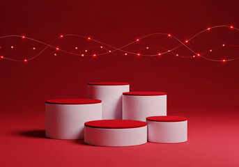 A group of white cylindrical pedestals with red tops are arranged on a red surface, illuminated by a string of red lights forming a wavy pattern above