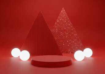 A minimalist red stage with glowing orbs and abstract triangular shapes, perfect for product display or festive themes