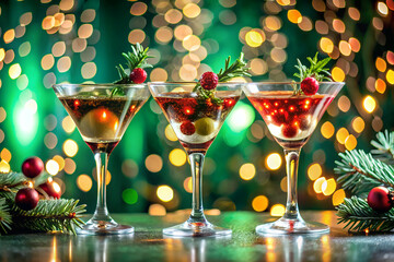 Glasses of cocktails with Christmas decoration on bokeh lights background	