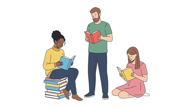 Diverse group enjoying captivating books together, fostering community and knowledge, a modern scene of reading and engagement for education promotion