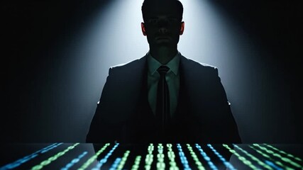 A businessman analyzing digital data in a dark room illuminated by green and blue lights - Powered by Adobe