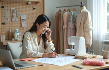 Asian female designer talks on phone while sketching fashion ideas. Woman working in dressmaking studio with sewing machine and laptop. Design process at workplace.