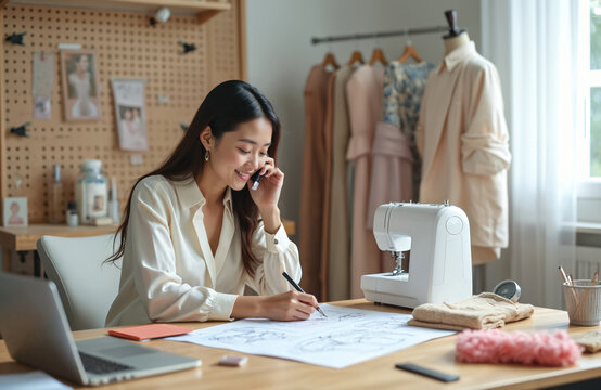 Asian female designer talks on phone while sketching fashion ideas. Woman working in dressmaking studio with sewing machine and laptop. Design process at workplace.