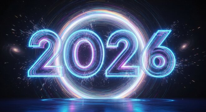 Future Year 2026 Digital Glowing Numbers Animation