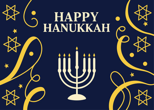 Elegant Happy Hanukkah Celebration Design with Menorah Stars of David and Swirling Gold Accents on Navy