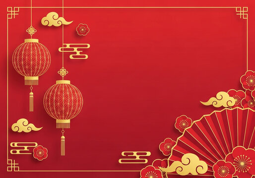 Traditional chinese new year background with red lanterns, golden clouds, and a red fan, symbolizing good fortune and celebration