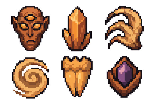 Set of six pixel art icons for a fantasy RPG video game, including a monster head, crystal, claw, spell, and gem, all isolated in a retro 8-bit style