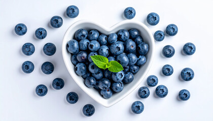 Flat lay of heart-shaped bowl with fresh plump blueberries on white background, healthy eating