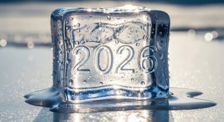 Melting Ice Cube Reveals Year 2026 on Warm Winter Day