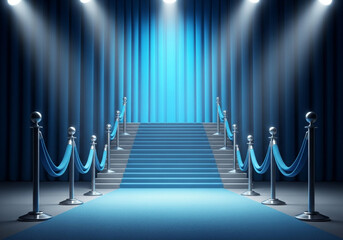 A grand blue carpet leads up a staircase to a stage, illuminated by spotlights, with elegant velvet ropes guiding the way