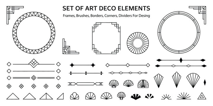 art deco vector design set with geometric frames, corners, dividers, and pattern brushes featuring round and rectangular