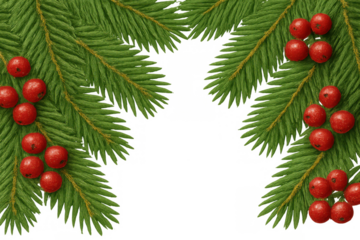 Christmas pine branches creating a festive frame with red berries, transparent background element for holiday design