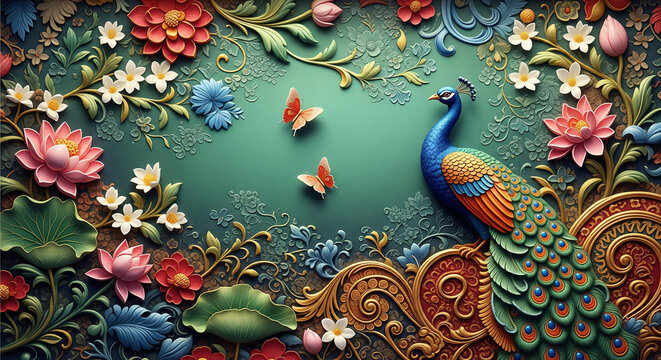 Colorful 3D Mughal Floral Wallpaper with Peacock and Butterflies, 3D Relief Mural, 3D Floral Wallpaper, 3D Mughal Wallpaper, 3D Floral Background, 3D Floral Art, 3D Mural Wallpaper.