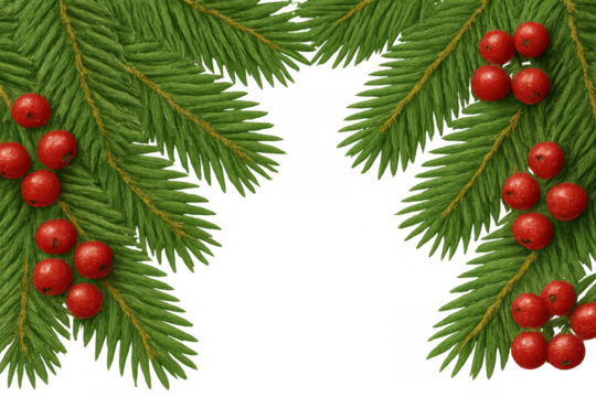 Christmas pine branches creating a festive frame with red berries, transparent background element for holiday design