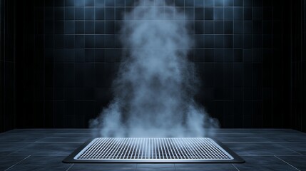 Mysterious steam rising from a modern tiled shower area in low light