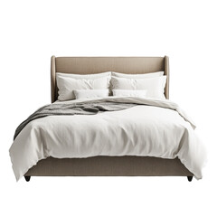 Obraz premium A cozy bed with smooth white linen and inviting pillows, perfect for restful sleep, isolated on transparent background