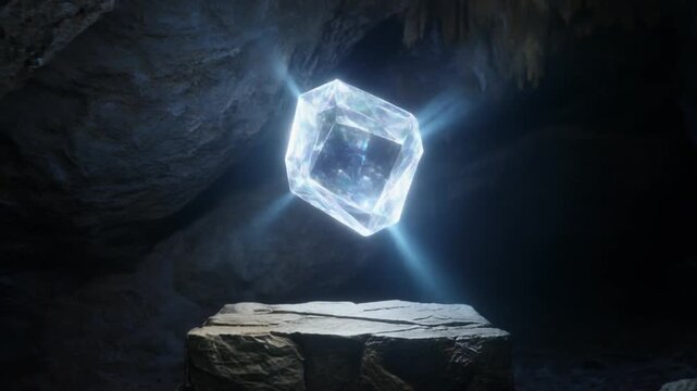 A glowing crystal cube levitates above a stone pedestal in a dark cave, casting ethereal light