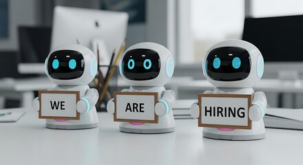 Robots Hiring Concept – Futuristic Recruitment Copy Space Poster, robot hiring, futuristic recruitment, AI hiring, recruitment poster, hiring concept, copy space design, robot workforce, digital hire
