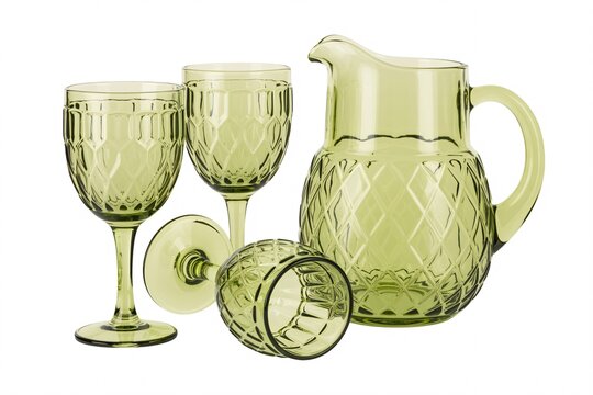 Olive green glass pitcher and wine glasses set vintage style kitchen decor