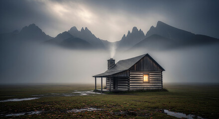 Rustic Cabin At Foggy Meadow Edge Cinematic Suspense Scene JPG