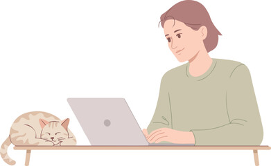 Woman Working on Laptop With Cat Lying on Table in Cozy Home Office Setting While Enjoying Comfortable Remote Work Life