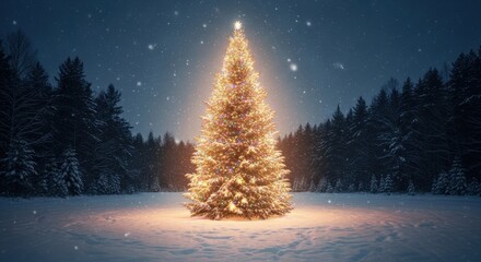 Sparkling Christmas Tree in Snowy Forest at Night