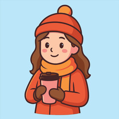 Smiling Cartoon Girl in Winter Attire Holding Coffee Cup.
