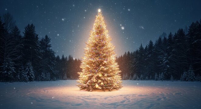 Sparkling Christmas Tree in Snowy Forest at Night
