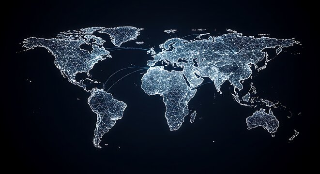 Global network visualization with bright lights on a world map, symbolizing interconnectedness and digital infrastructure across continents