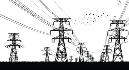 High voltage power lines silhouette, transmission towers, electricity grid infrastructure, energy distribution vector illustration, flying birds.