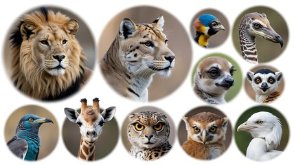 Obraz premium Diverse animal portrait collection: wildlife, felines, birds, lemurs.