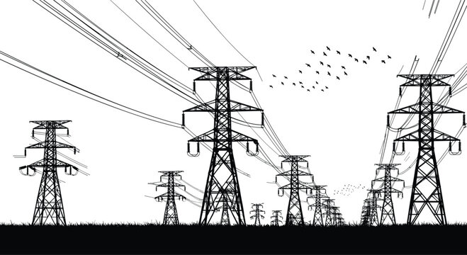 High voltage power lines silhouette, transmission towers, electricity grid infrastructure, energy distribution vector illustration, flying birds.