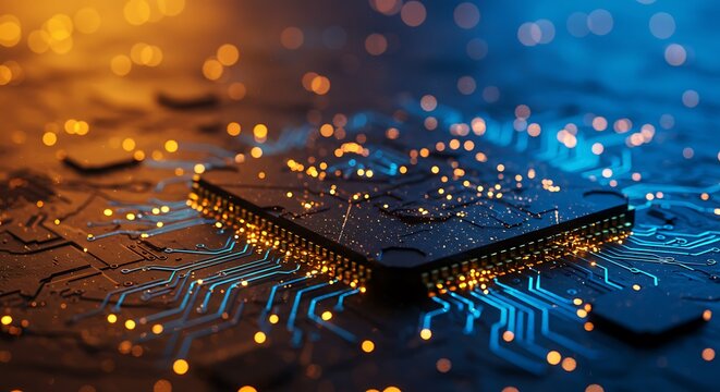 Closeup of a glowing computer processor chip on a circuit board with illuminated data streams, representing technology and innovation