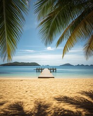 Naklejka premium A tranquil tropical beach with palm trees, wooden piers, and distant islands under a bright blue sky.