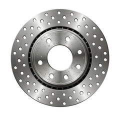 High performance drilled car brake disc rotor isolated on a white background.