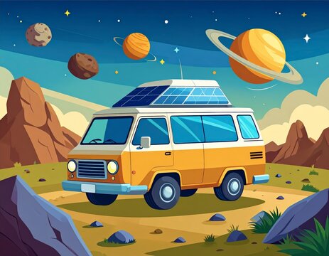 Vibrant Cartoon Camper Van Adventure Through an Extraterrestrial Desert with Planets and Stars
